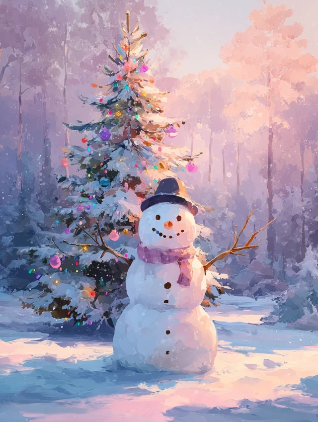 Christmas Snowman and Tree Winter Illustration