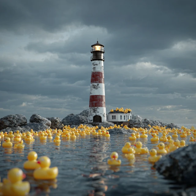 Lighthouse with Rubber Ducks Surreal Ocean Scene