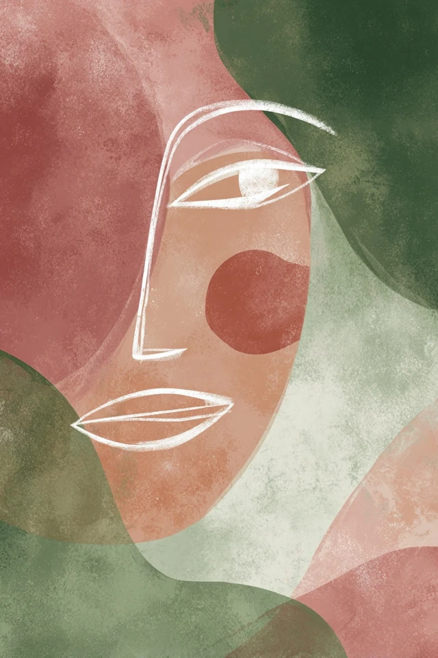 Boho Face Line Art Abstract Dusty Rose Green