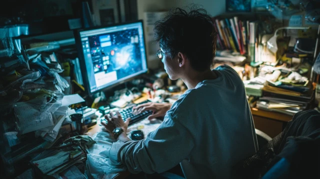 Japanese Man Working at Computer Dark Room