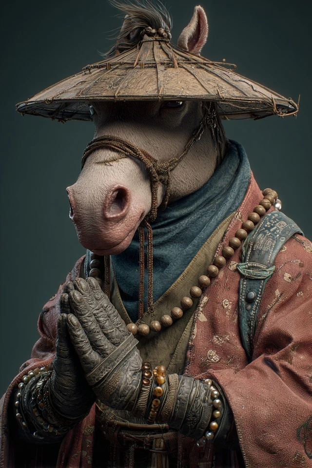 Anthropomorphic Monk Horse in Robe and Bamboo Hat