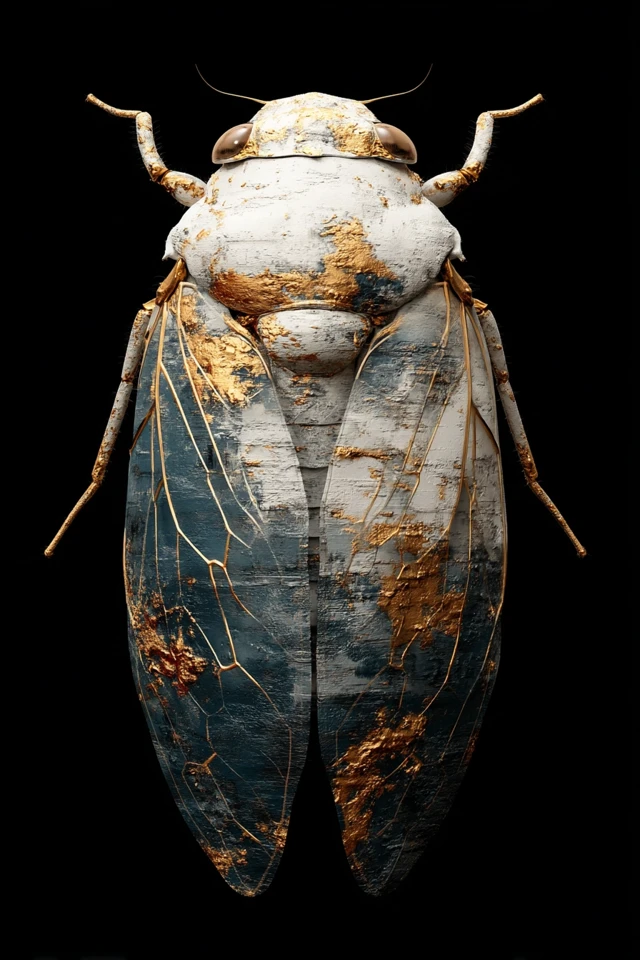 Dystopian Tech Cicada with Gold Veins