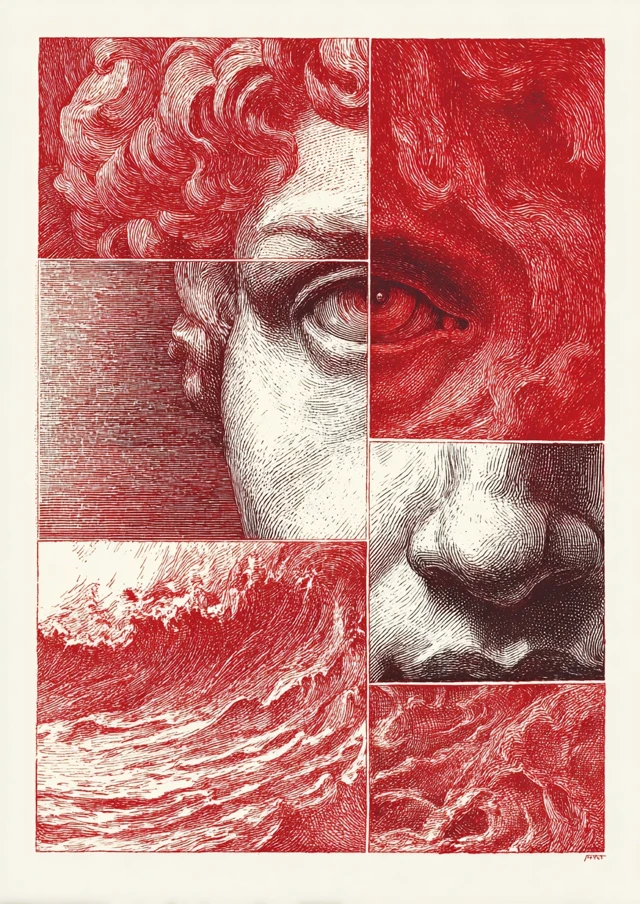 Woodcut Art Fire and Michelangelo David