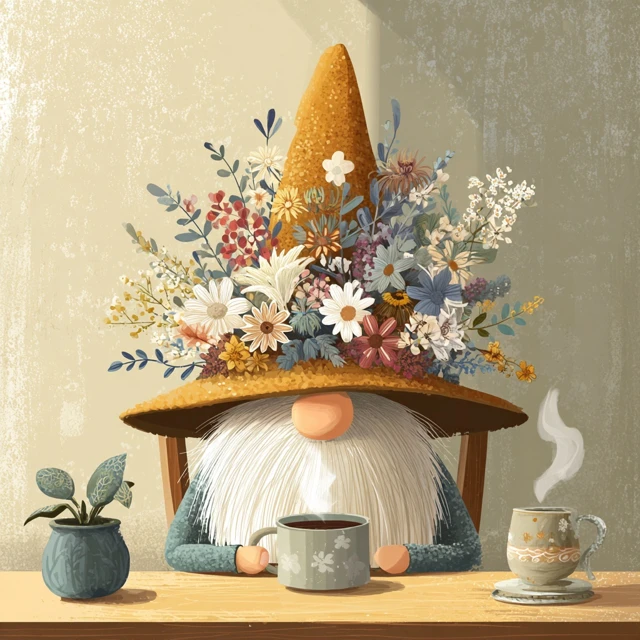 Cute Gnome with Flower Hat Drinking Coffee Cartoon