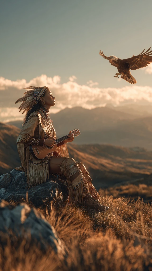 Native American Woman Playing Music With Eagle