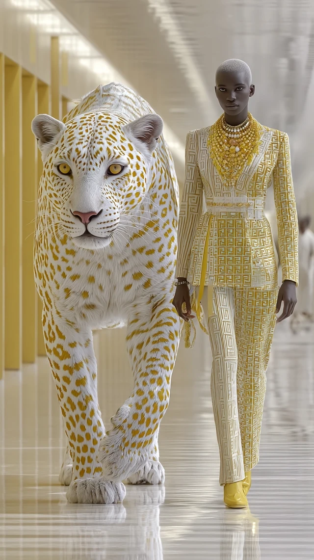 Fendi Leopard and Model Walking Side by Side