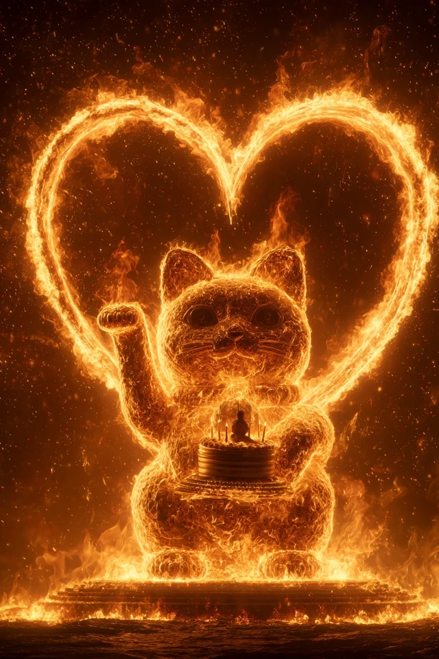 Fiery Lucky Cat with Cake