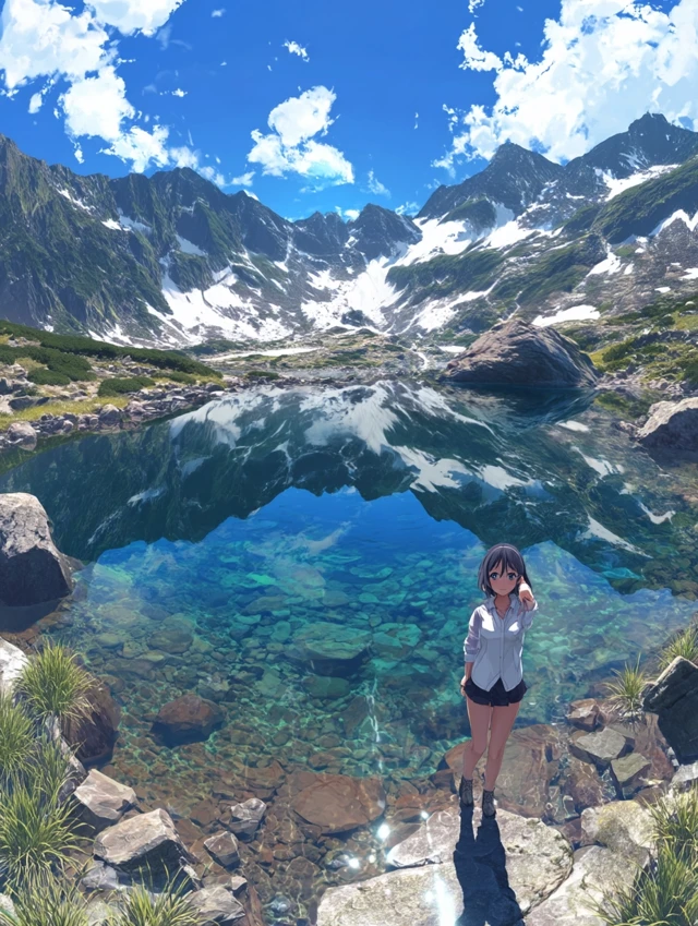 Anime Girl at Alpine Lake Scenic View