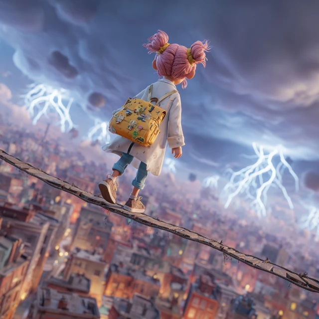 Cartoon Girl Tightrope Walking Over City