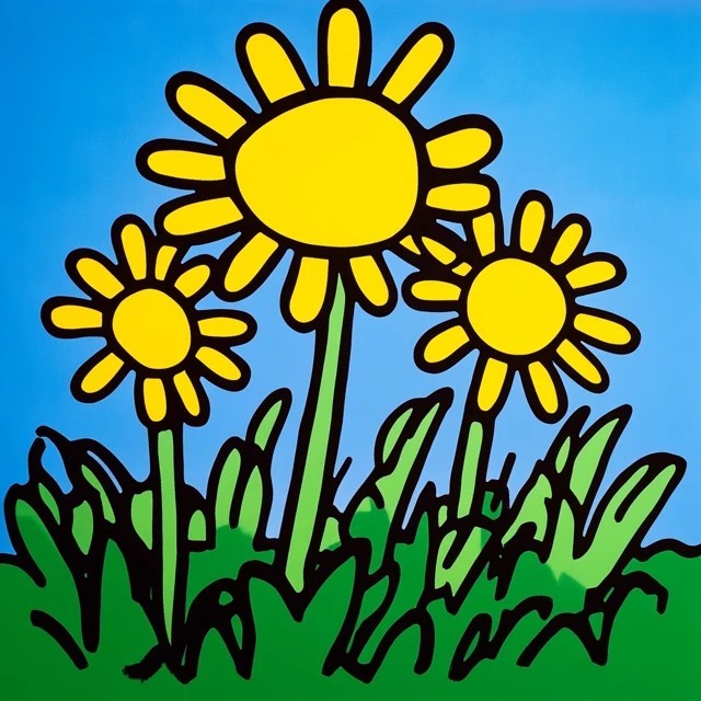 Keith Haring Flowers in Bright Blue Sky