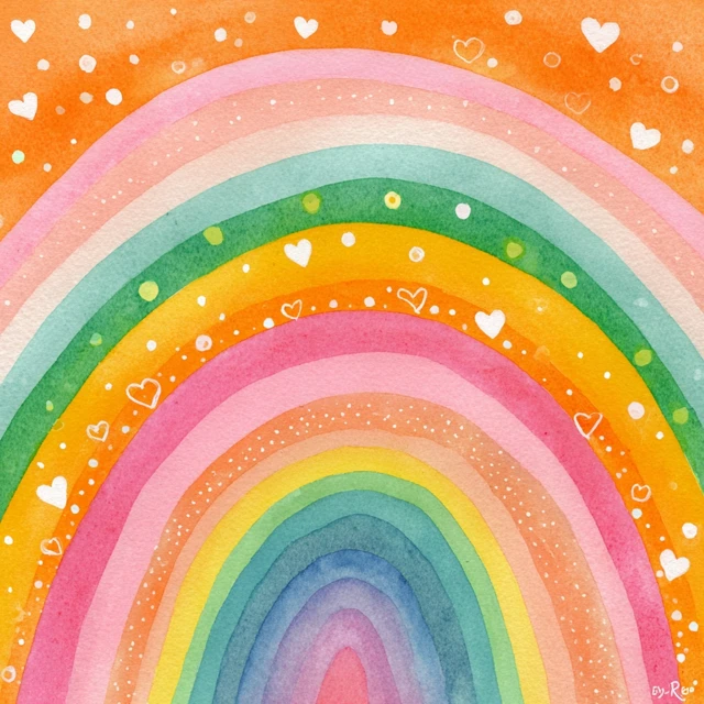 Watercolor Rainbow with Hearts Sweet and Playful