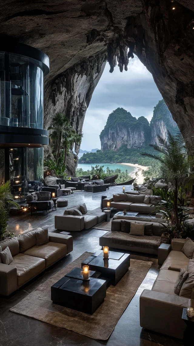 Luxury Cave Lounge Interior with Beach View