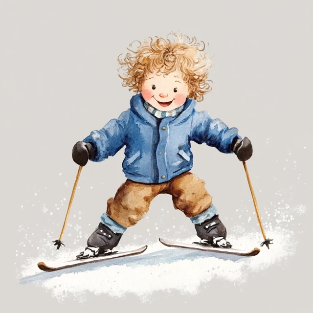Cute Boy Skiing Watercolor Illustration