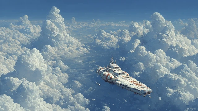 Spaceship Flying Through the Clouds Futuristic SciFi