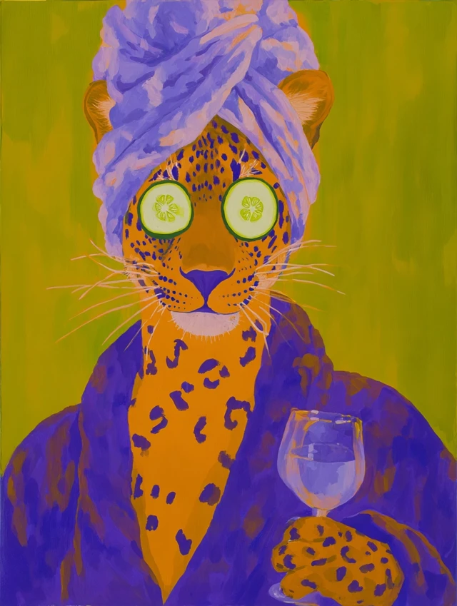 Relaxed Leopard in Robe with Cucumber Slices