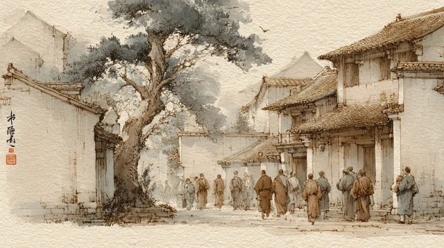 Ancient Chinese Village Street at Sunrise - Buddhist Art