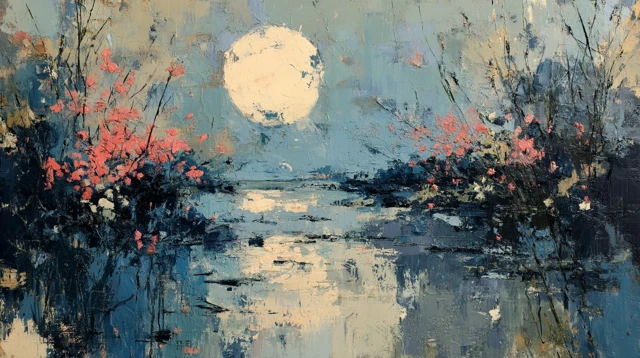 Impressionist Painting Full Moon Over River