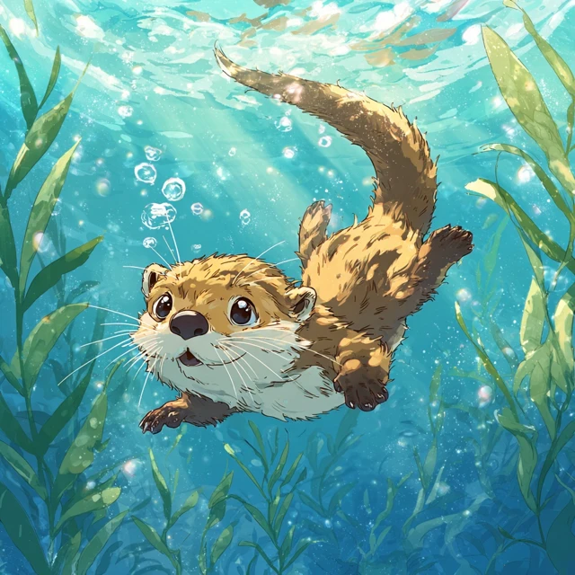 Cute Anime Otter Swimming Underwater
