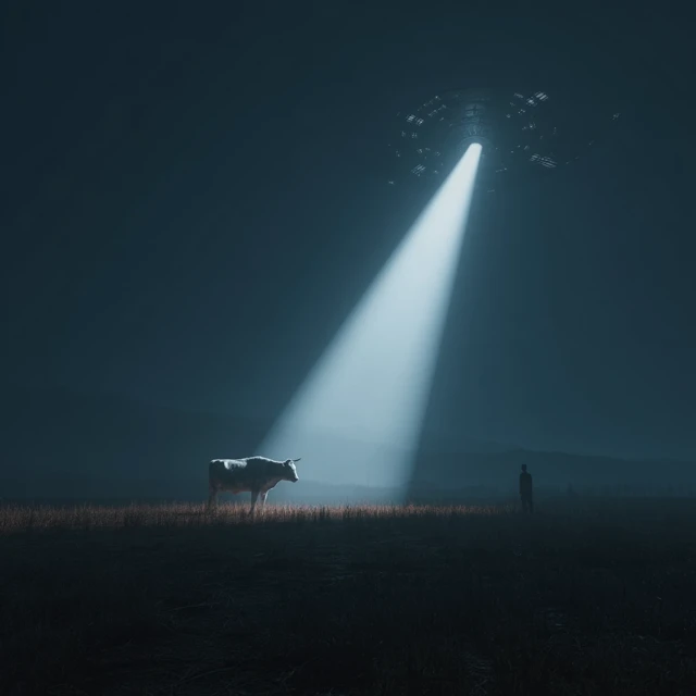 Alien Abduction of a Cow at Night 3D Render