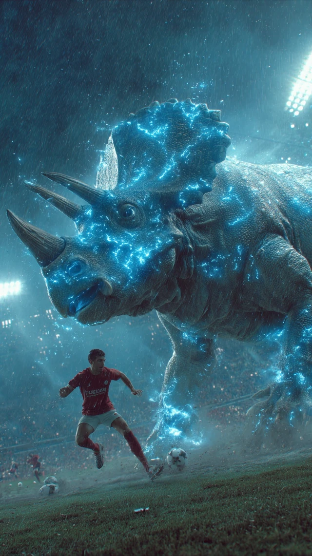 Cyberpunk Football Triceratops in Stormy Stadium