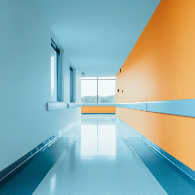 Modern Hospital Corridor in Orange and Blue