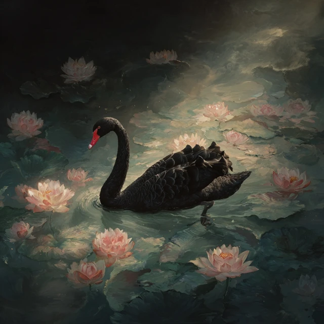 Black Swan on Water with Lotus Blossoms