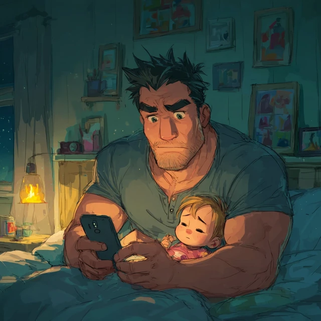 Strong Dad and Baby Cute Cartoon Illustration