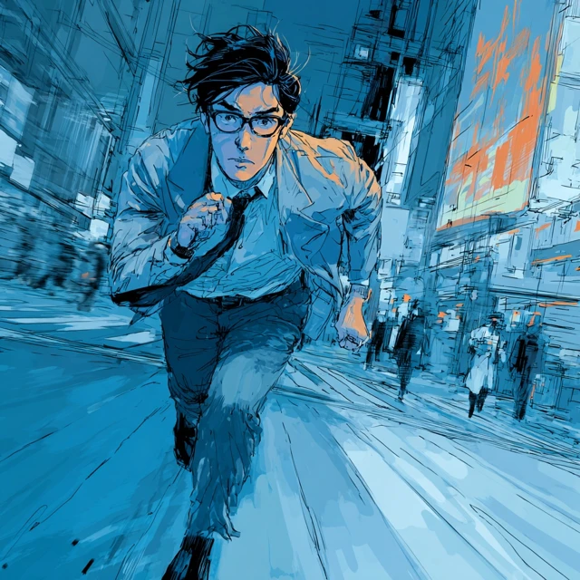 Japanese Man Running in City Manga Style Modern Art
