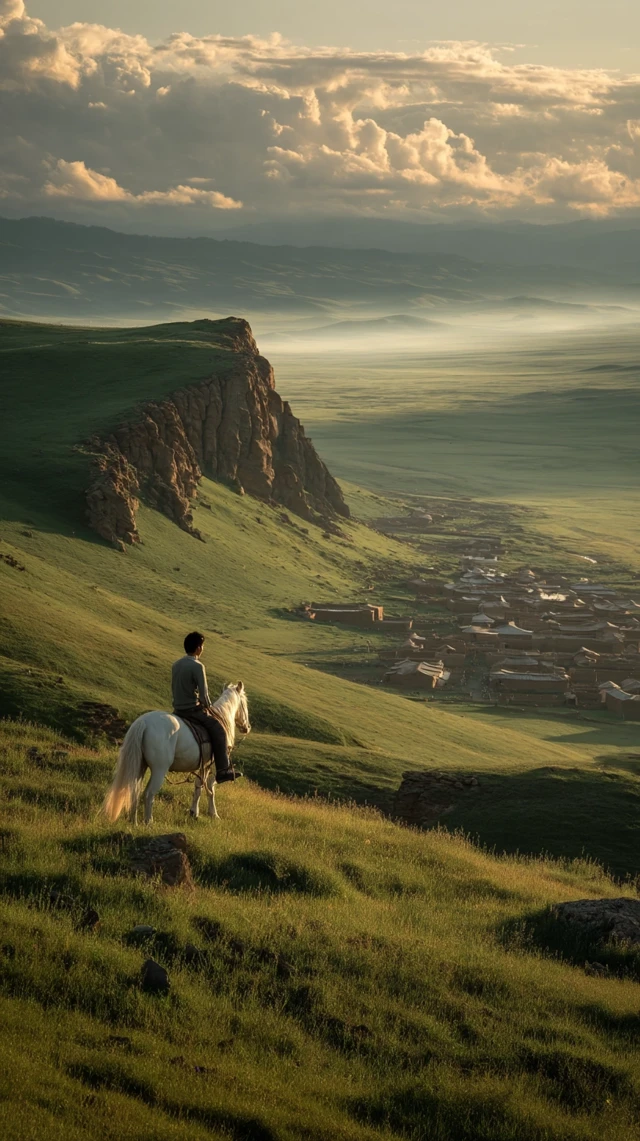 Chinese Man on Horse in Spring Landscape