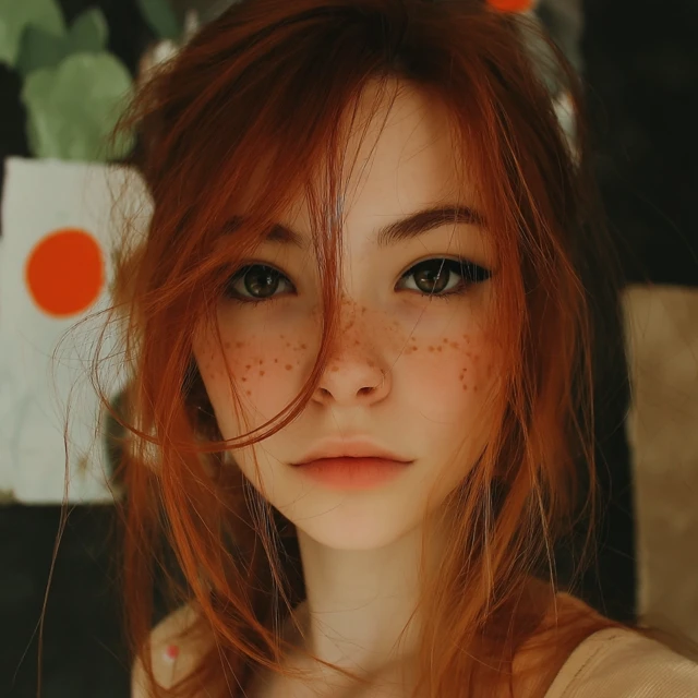 Beautiful Red Haired Girl Freckles Green Eyes Portrait