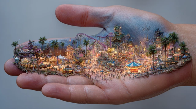 Miniature Theme Park in Hand Surreal Illustration
