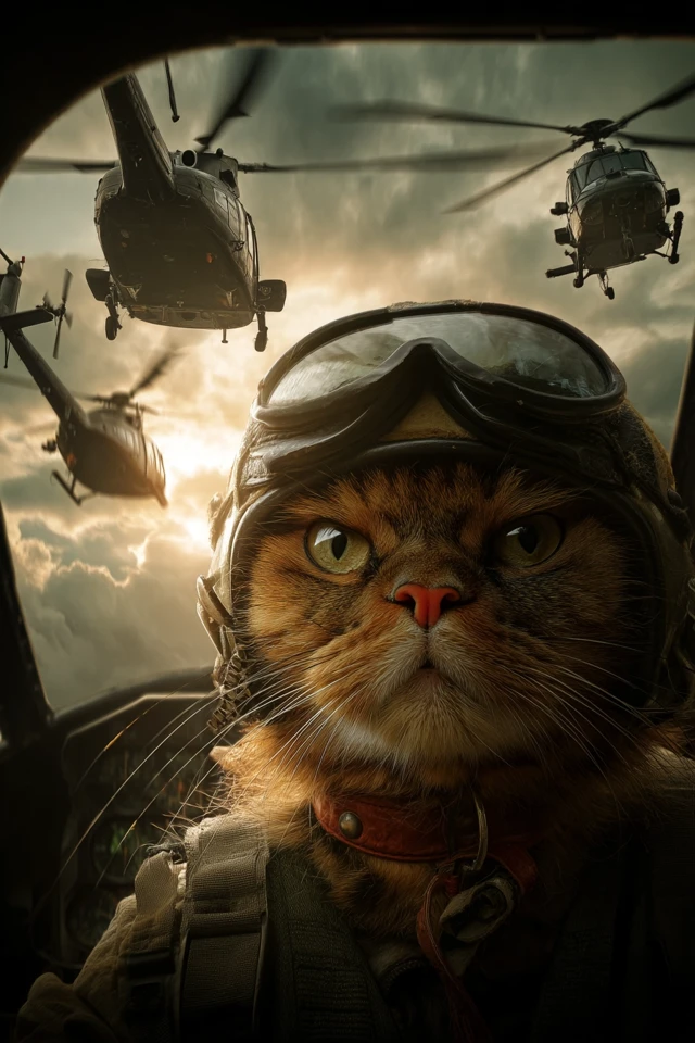 Angry Cat Pilot Helicopter Action Scene