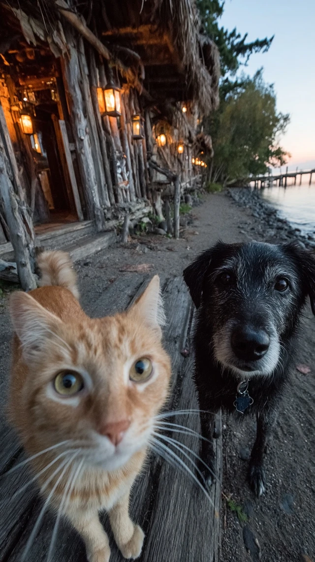 Rustic Cabin with Cat and Dog Sunrise Scene