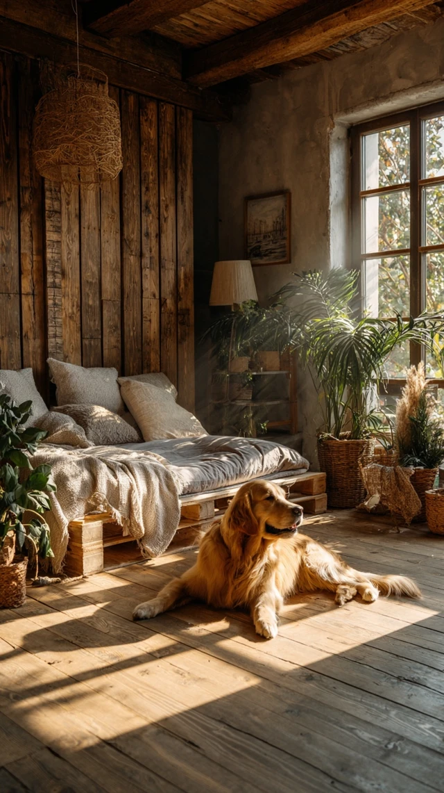 Cozy Wooden Living Room with Golden Retriever