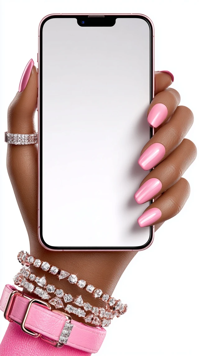 iPhone 15 Pro Max Mockup Black Hand with Pink Nails