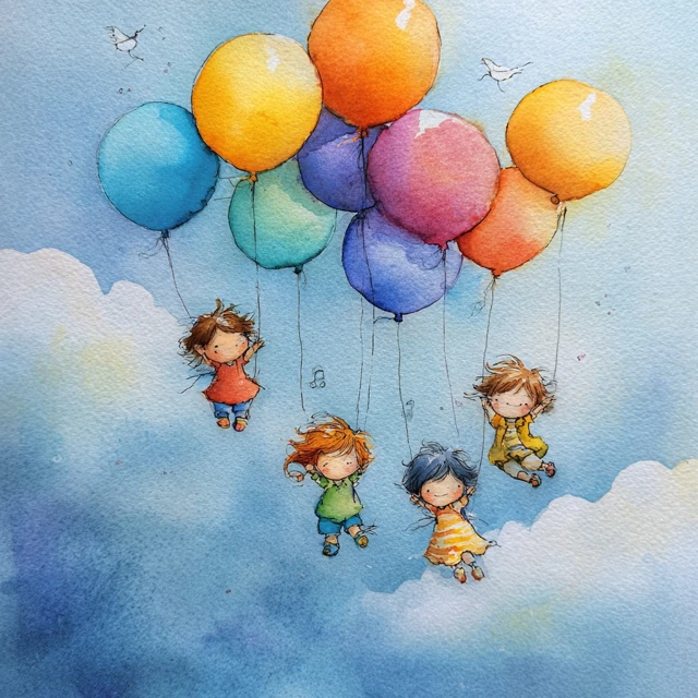 Watercolor Painting Children and Balloons