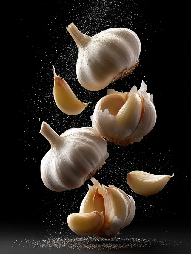 Garlic Cloves Floating Black Background