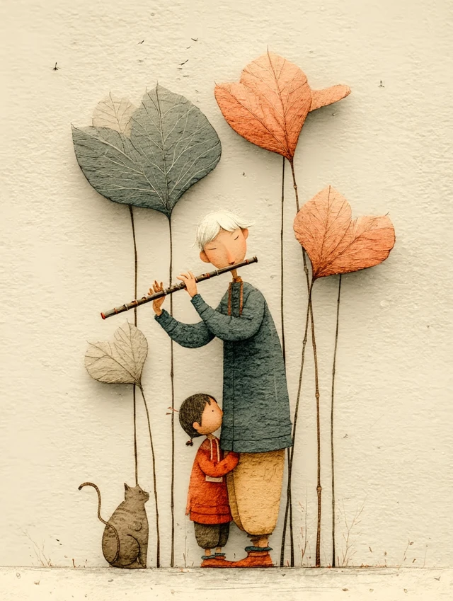 Chinese Flute Player with Cats Illustration