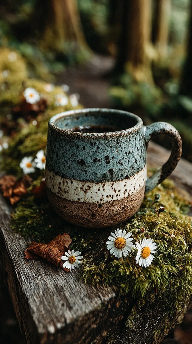 Ceramic Mug in Forest Golden Hour Nature Scene