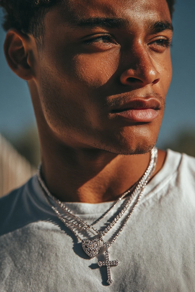Man Wearing Diamond Chain Pendants Closeup Photo