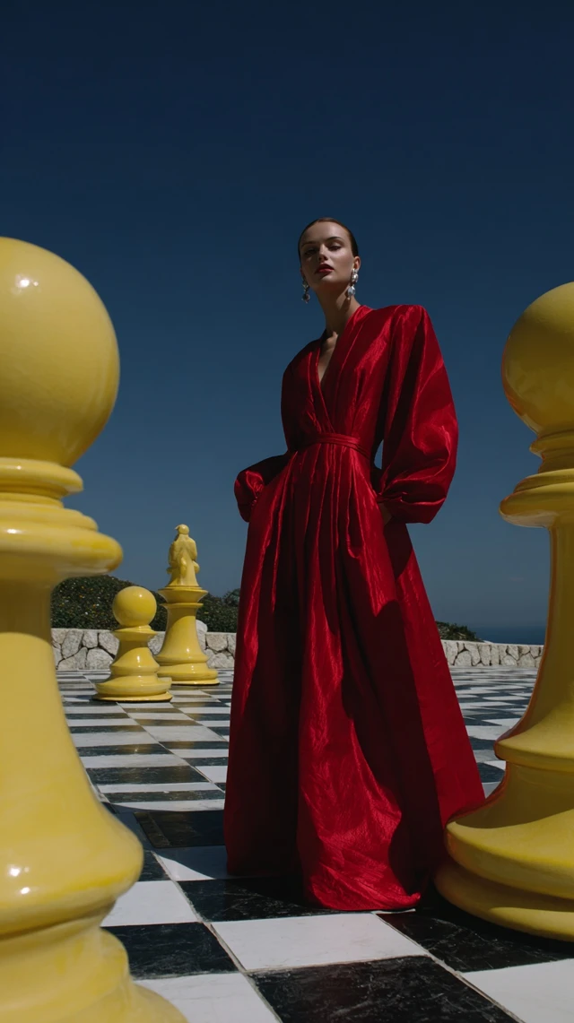 Red Dress on Chessboard Retro Fashion Editorial