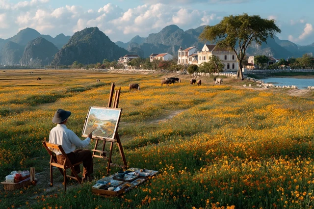 Vietnamese Field with Flowers and Artist Painting