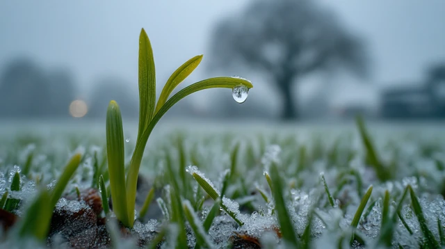 Emerald Green Plant Emerging From Snow Macro Photo