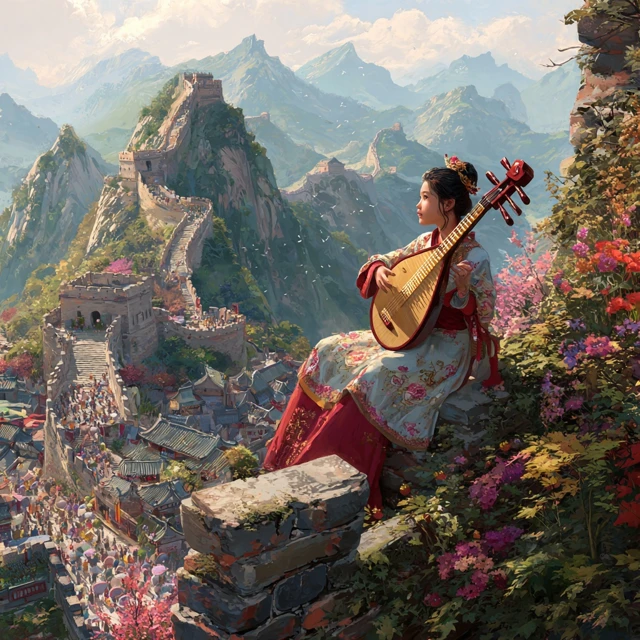 Great Wall of China Woman Playing Pipa