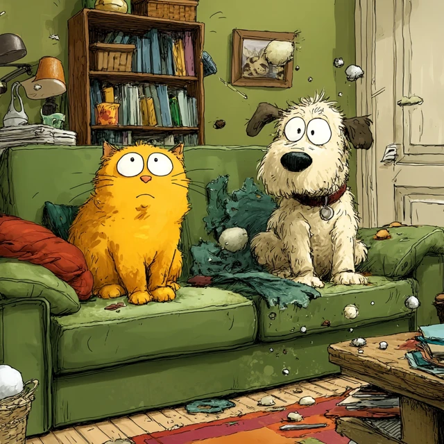 Cat and Dog on a Couch with a Messy Room