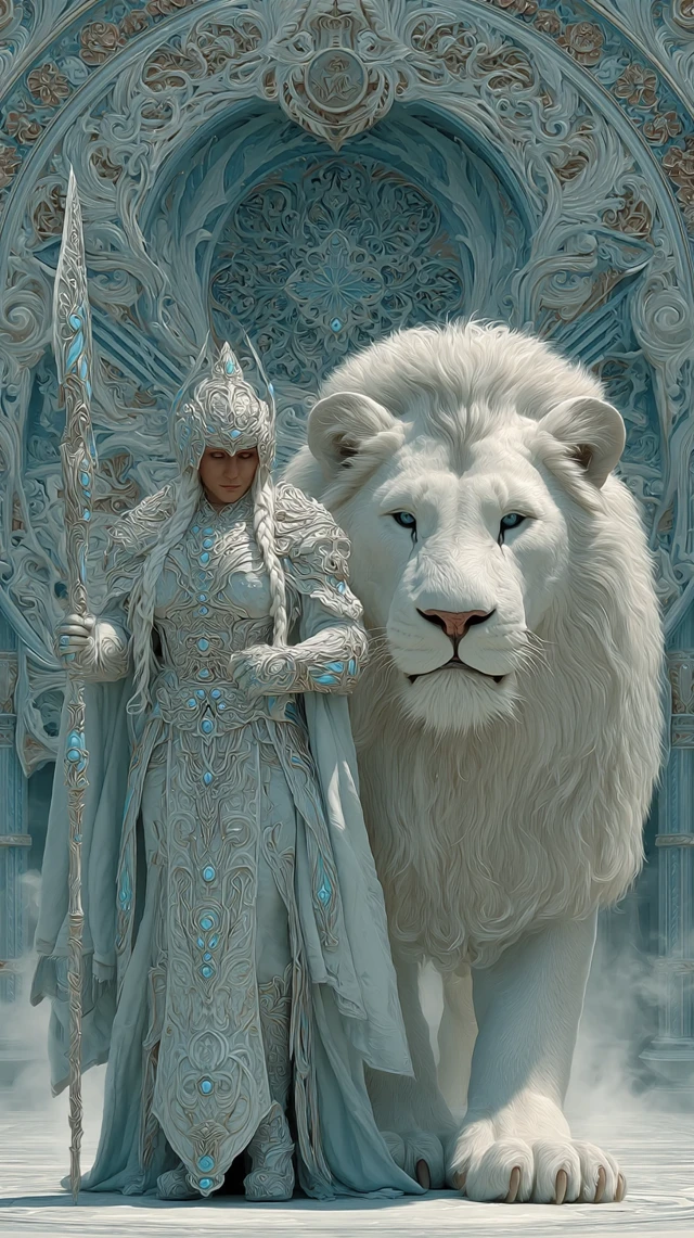 Frost Angel with Ice Armor and Lion in Frozen Palace