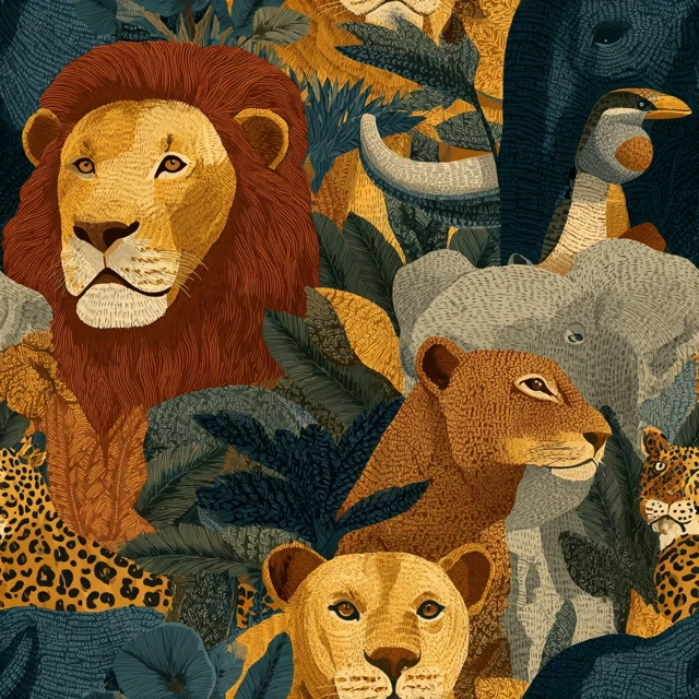 Anime Safari Pattern with Lion Cheetah Tiger and Elephant