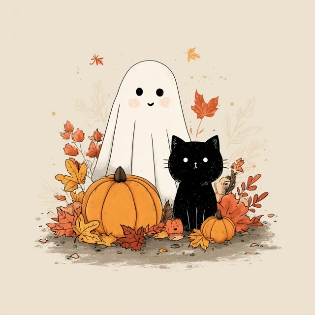 Halloween Cat Ghost Pumpkin Patch Illustration