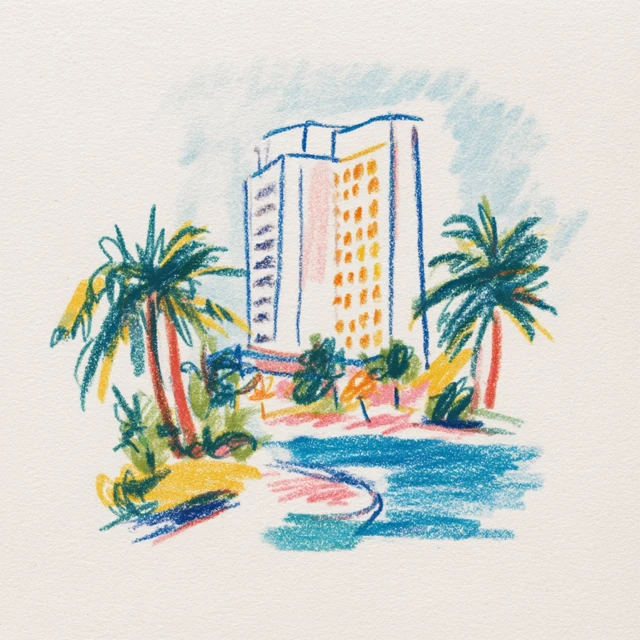 Crayon Drawing of a Hotel with Pool and Palm Trees
