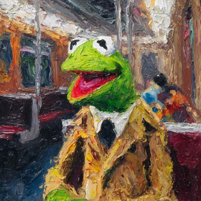 Kermit the Frog on NYC Subway Impasto Painting